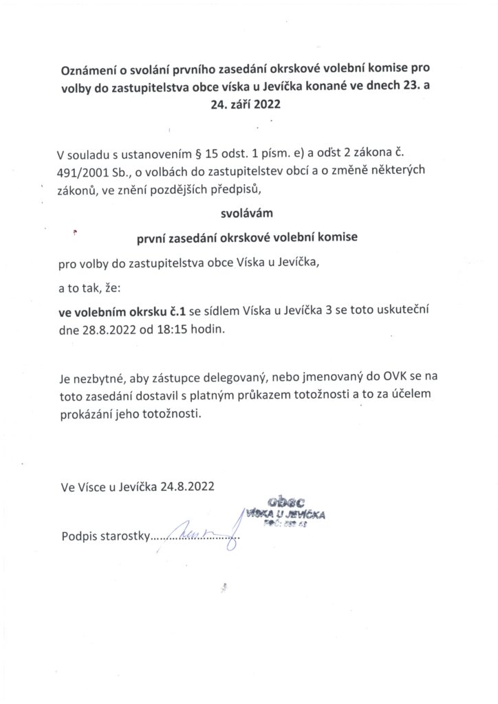 Oznámení o svolání prvního zasedání OVK